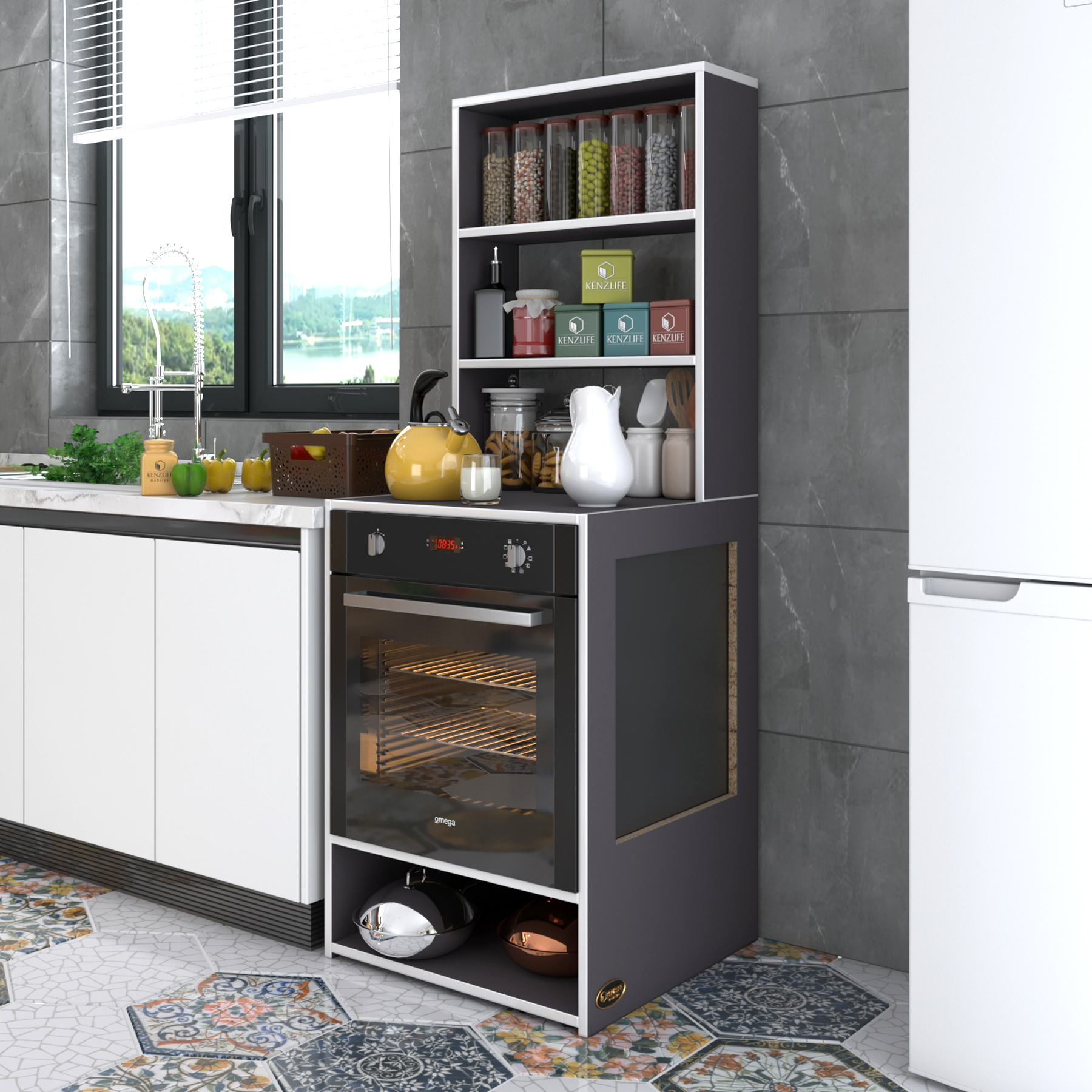 Kenzlife ankastre fırın dolabı ismihan gri 165*60*56 mutfak raflı