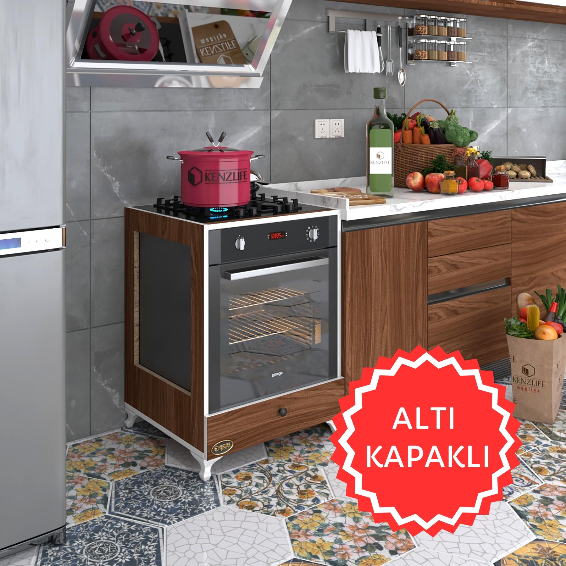 Kenzlife ankastre modülü kabini altın3 cvz fırın ocak dolabı kapaklı ayaklı 