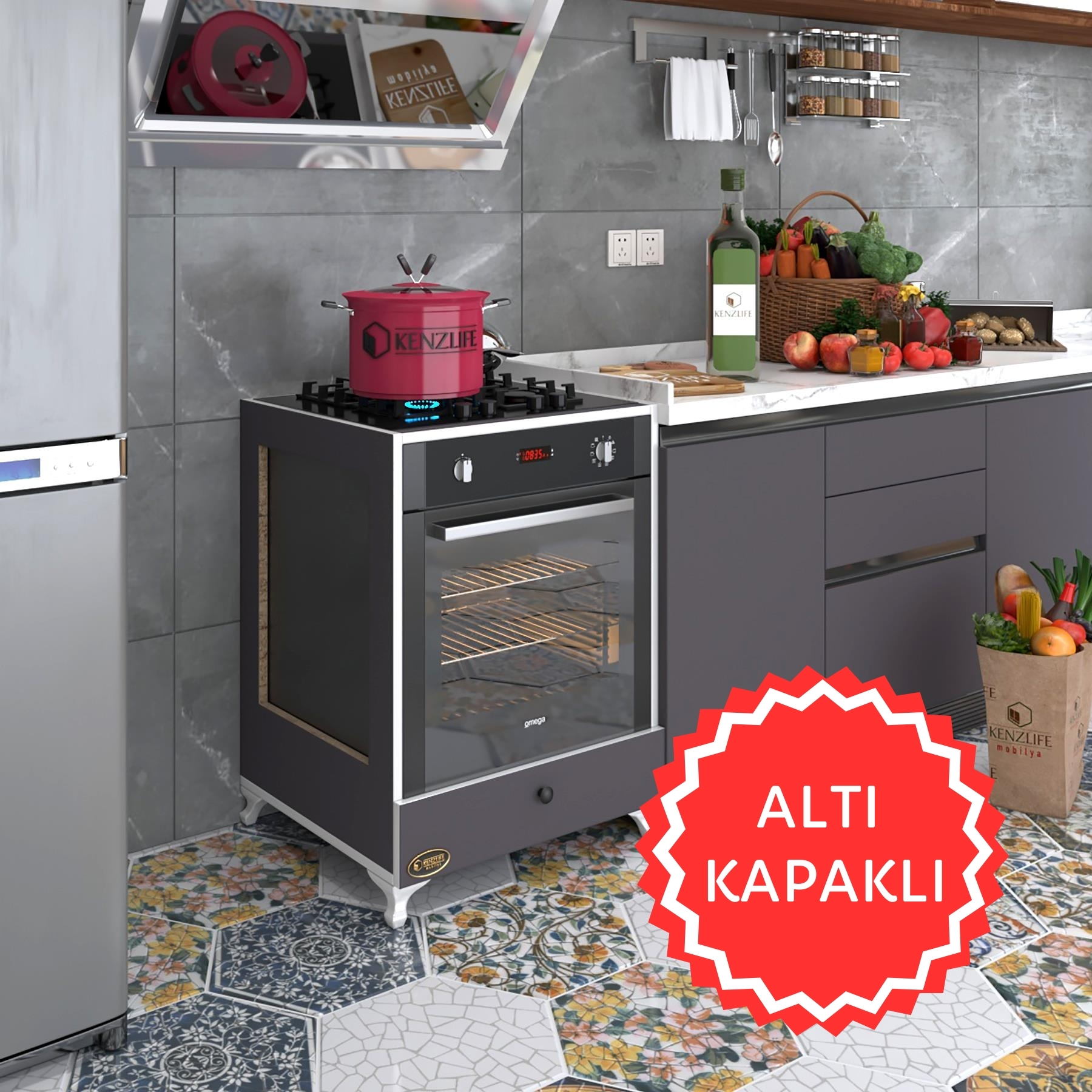 Kenzlife ankastre modülü kabini altın3 gri fırın ocak dolabı kapaklı ayaklı 
