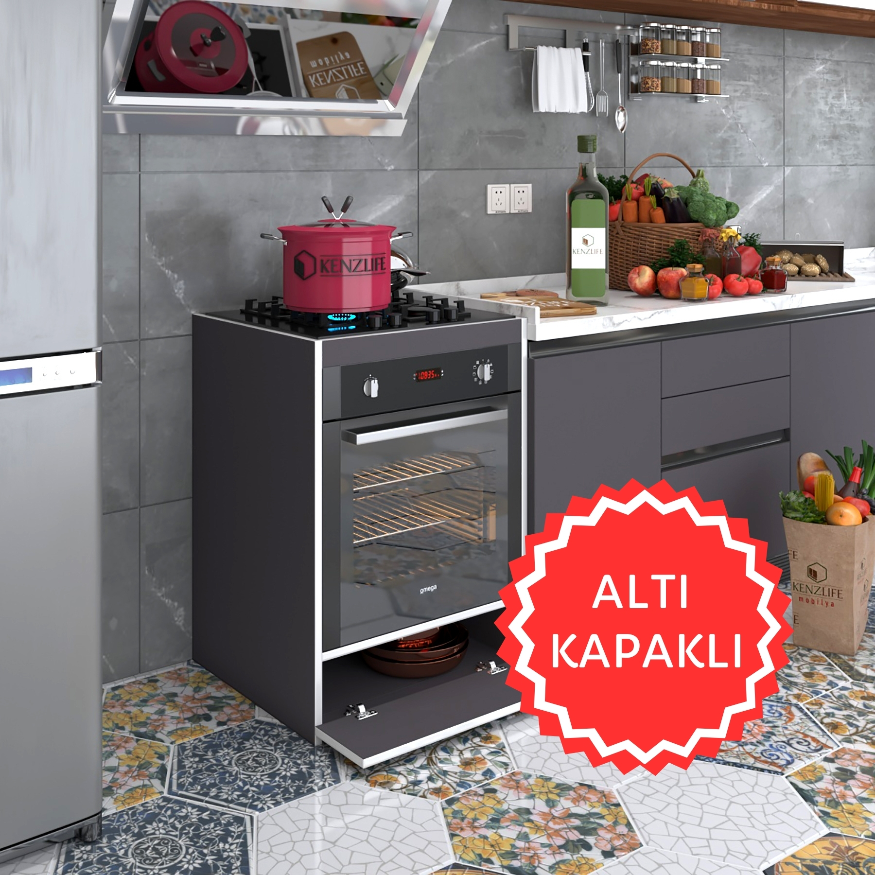 Kenzlife ankastre modülü kabini berilyum gri fırın ocak dolabı kapaklı 