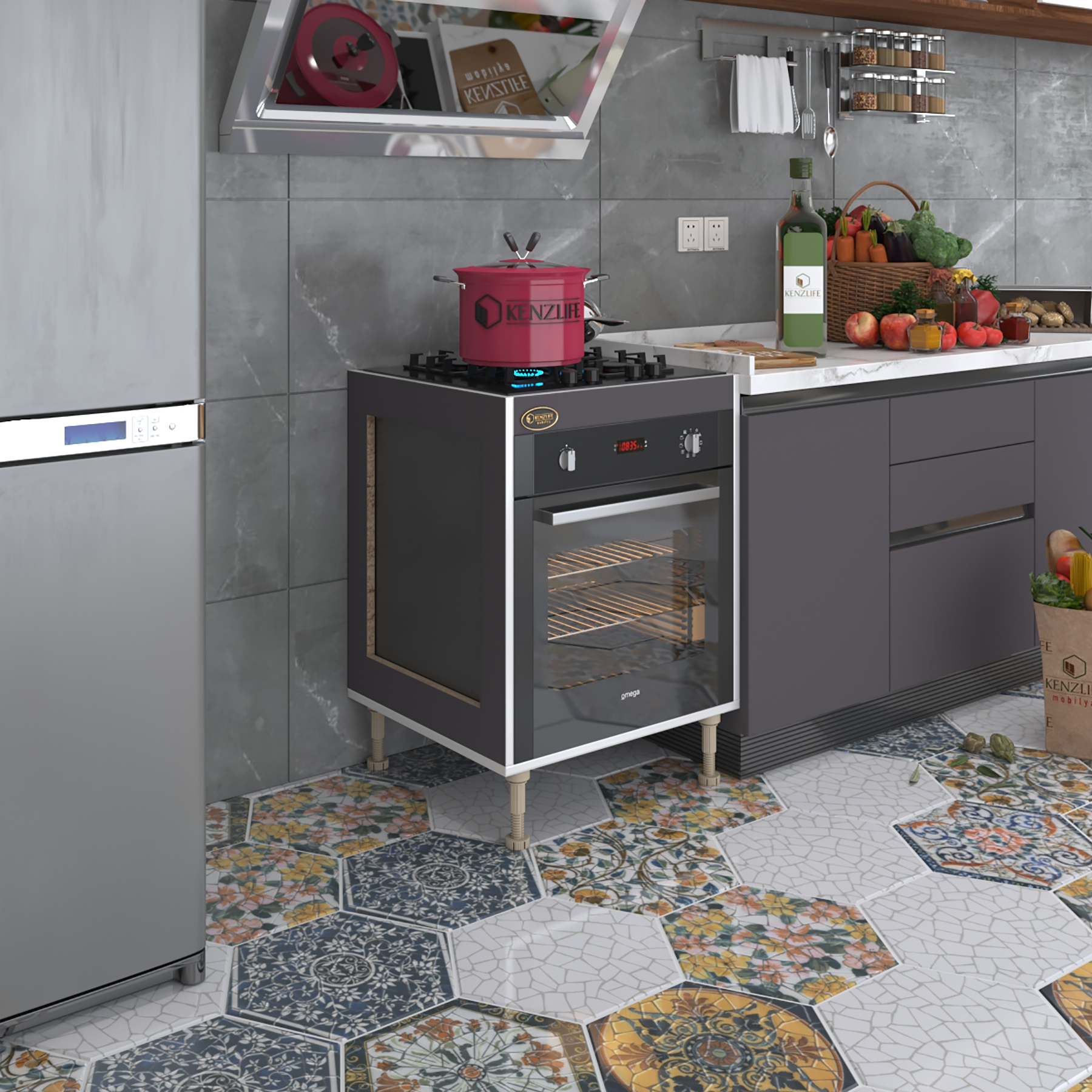 Kenzlife ankastre modülü kabini emir timur3 gri 89-81*60*56 fırın ocak dolabı ayarlı ayaklı 