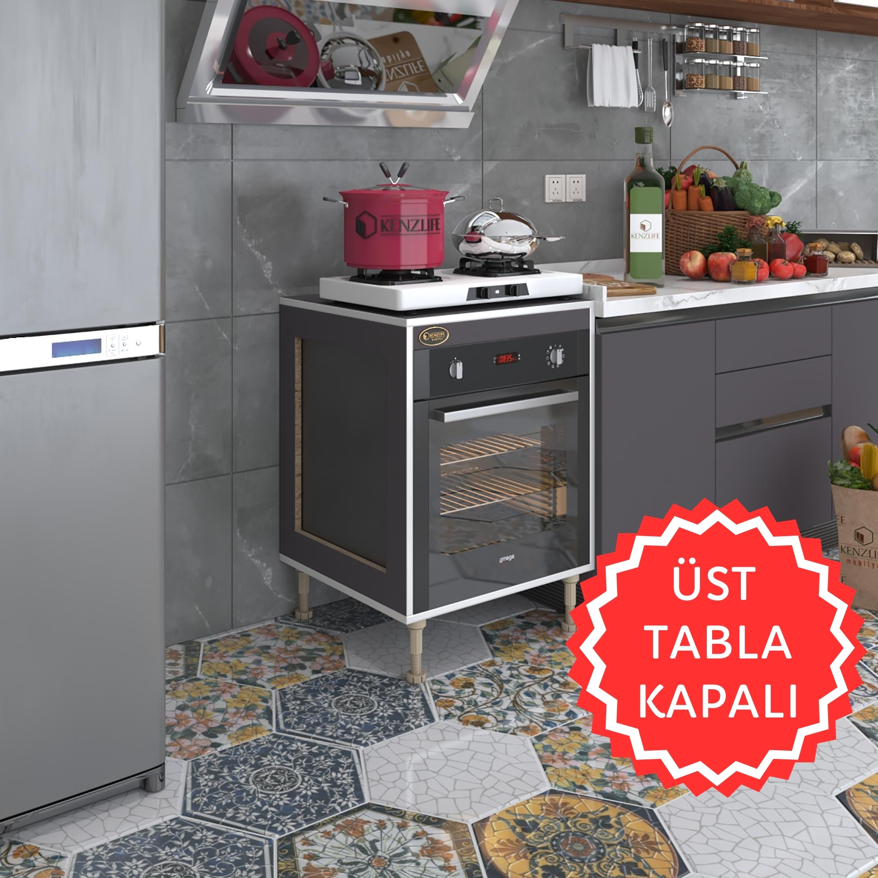 Kenzlife ankastre modülü kabini esena mono3 gri 89-81*60*56 fırın ocak dolabı ayarlı ayaklı üstü kapalı 