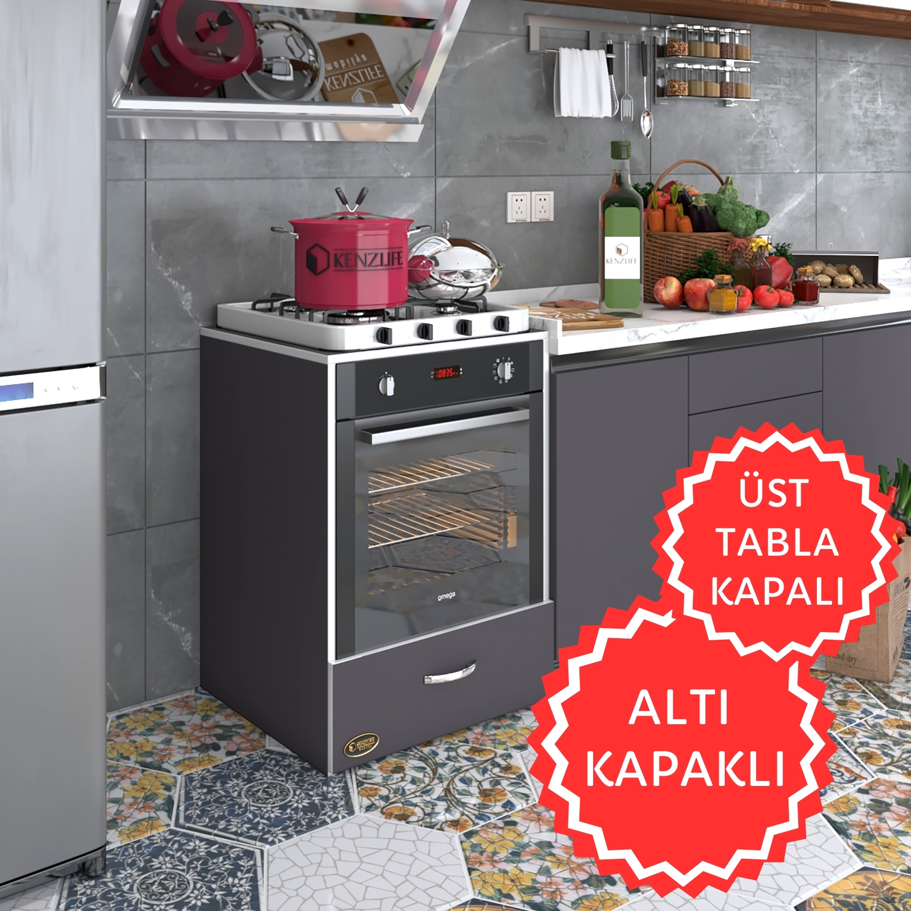 Kenzlife ankastre modülü kabini flor gri kapaklı fırın ocak dolabı sabit tabla 