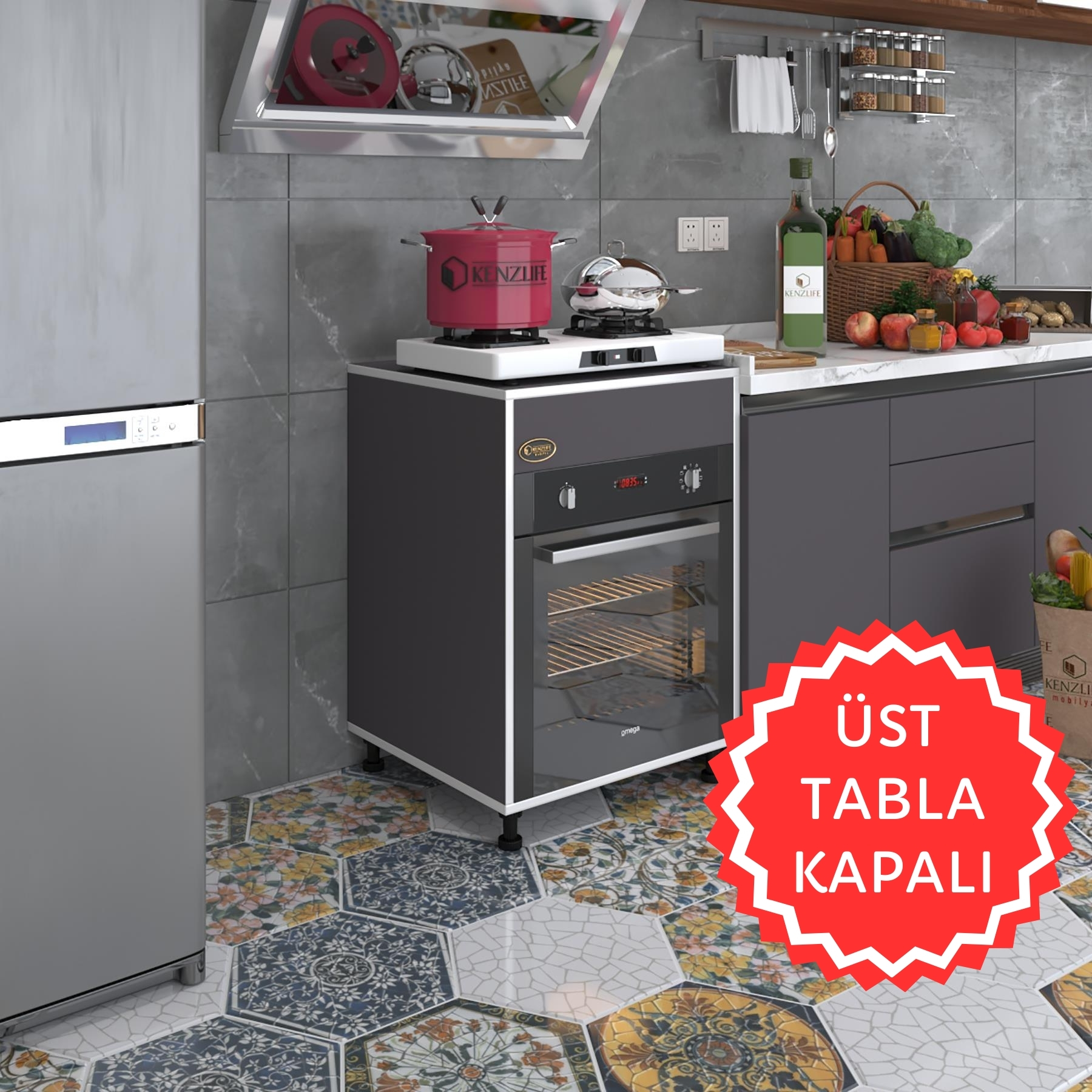 Kenzlife ankastre modülü kabini kalimera gri 85*60*56 fırın ocak dolabı ayarlı ayaklı üstü kapalı 