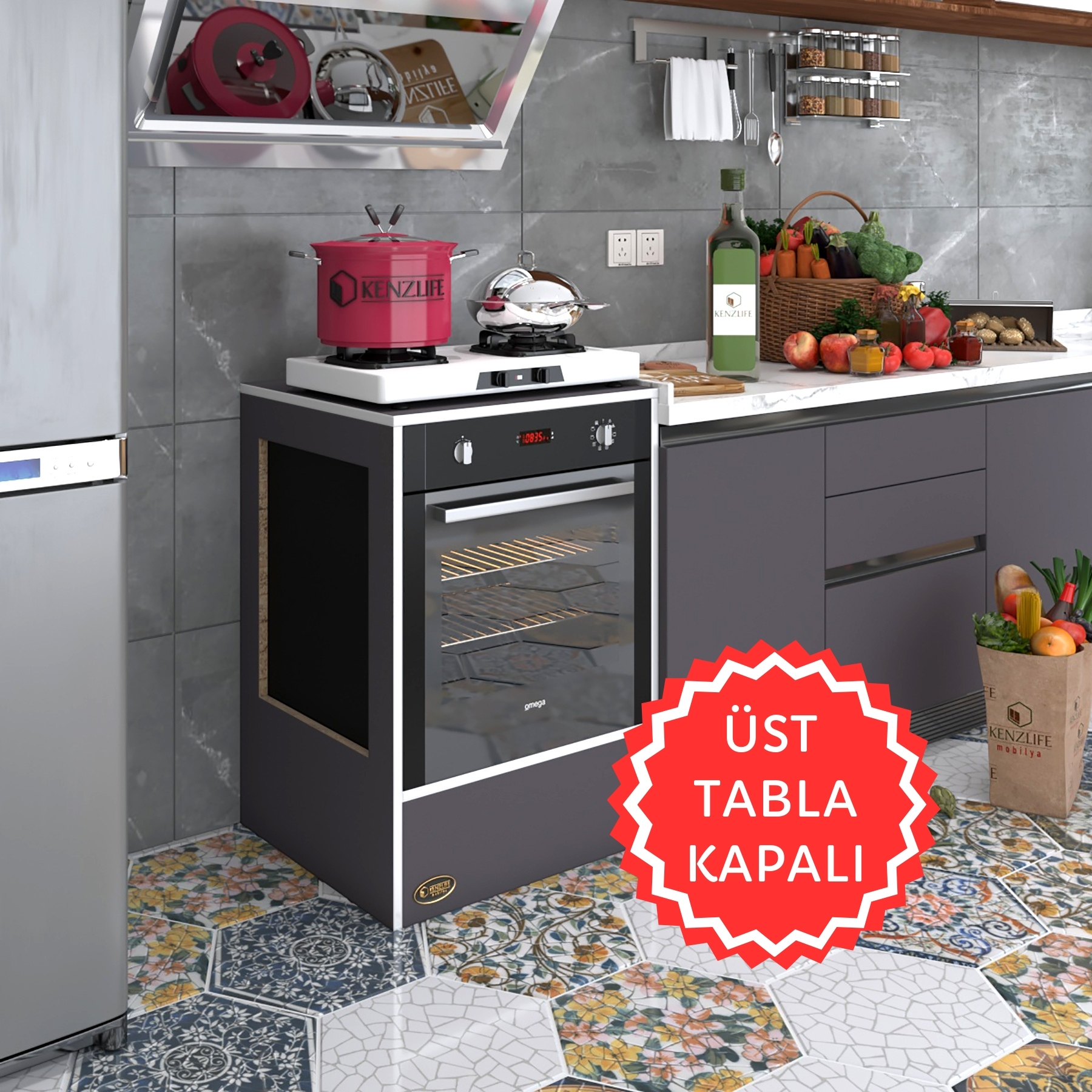 Kenzlife ankastre modülü kabini kalsiyum3 gri fırın ocak dolabı sabit tabla 
