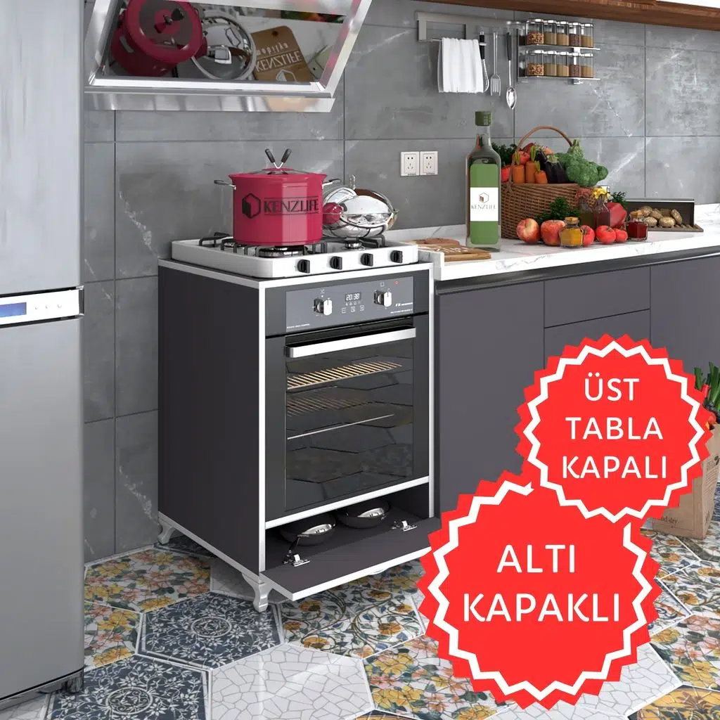 Kenzlife ankastre modülü kabini krom gri fırın ocak dolabı kapaklı ayaklı sabit tabla 