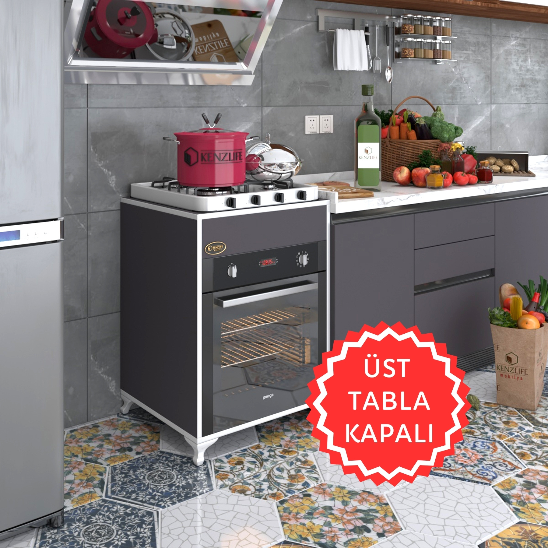 Kenzlife ankastre modülü kabini lantanyum gri fırın ocak dolabı sabit tabla ayaklı 