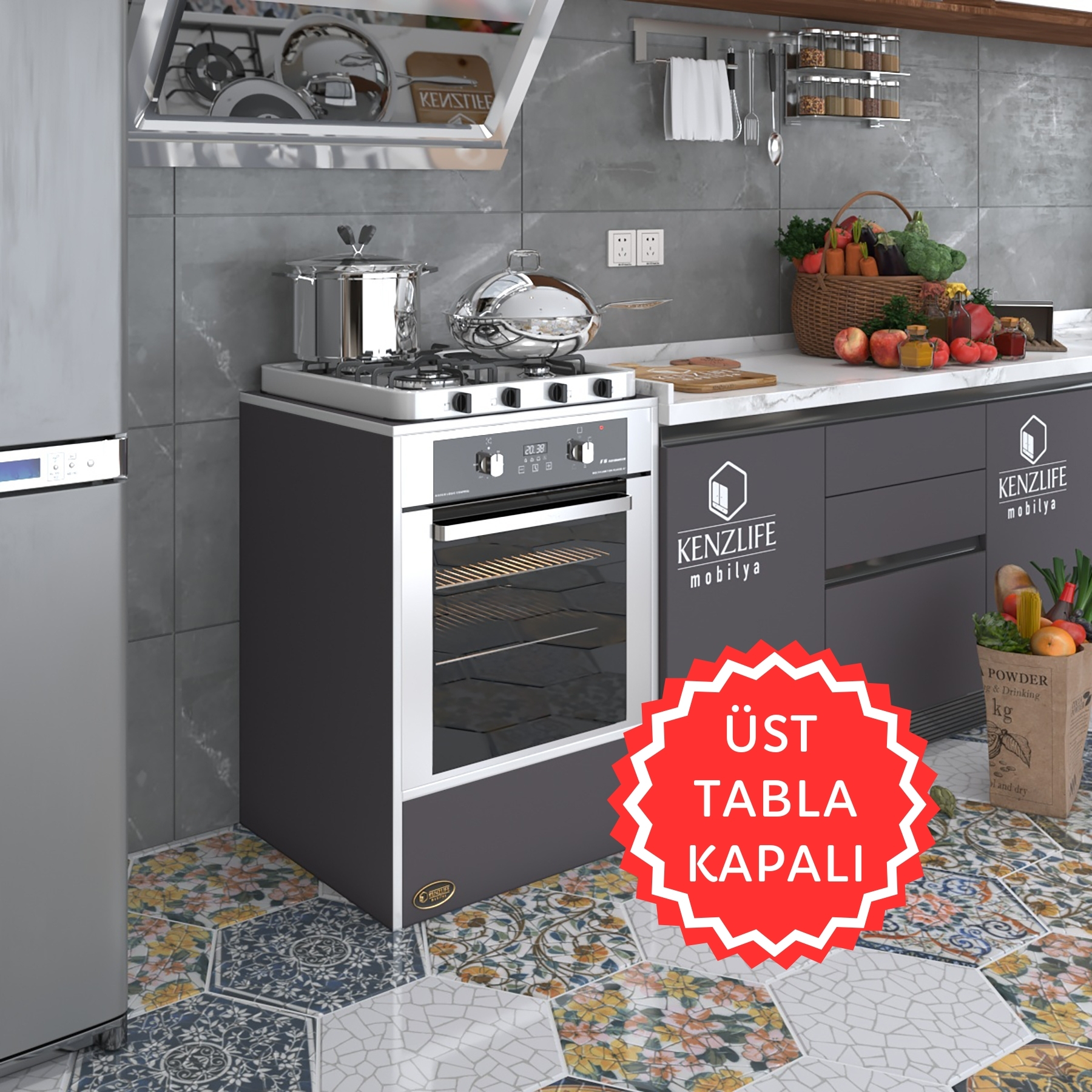 Kenzlife ankastre modülü kabini neon gri fırın ocak dolabı sabit tabla 