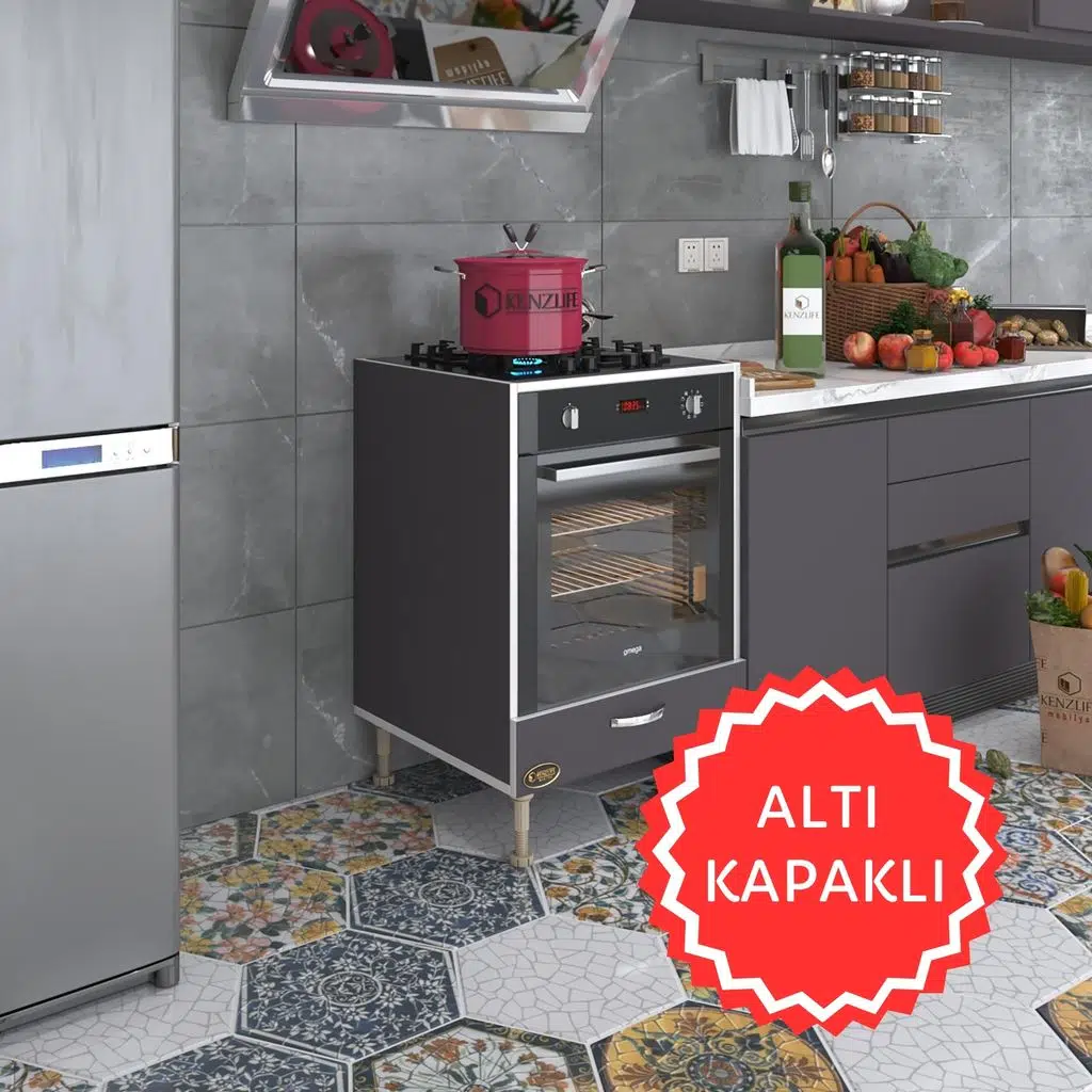 Kenzlife ankastre modülü kabini polonyum gri fırın ocak dolabı özel boy ayarlı ayaklı kapaklı 
