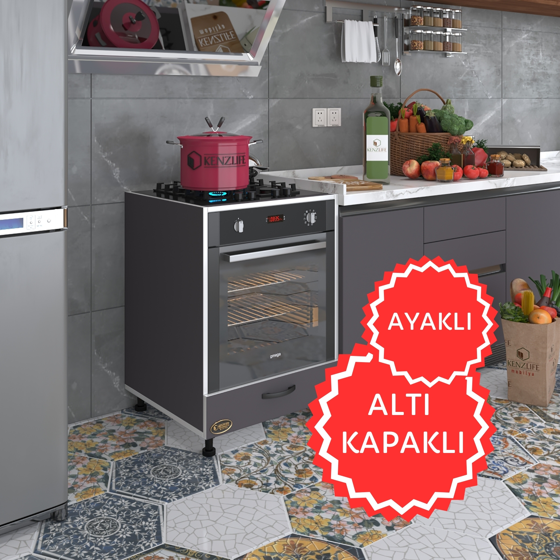 Kenzlife ankastre modülü kabini radon gri fırın ocak dolabı kapaklı ayaklı 