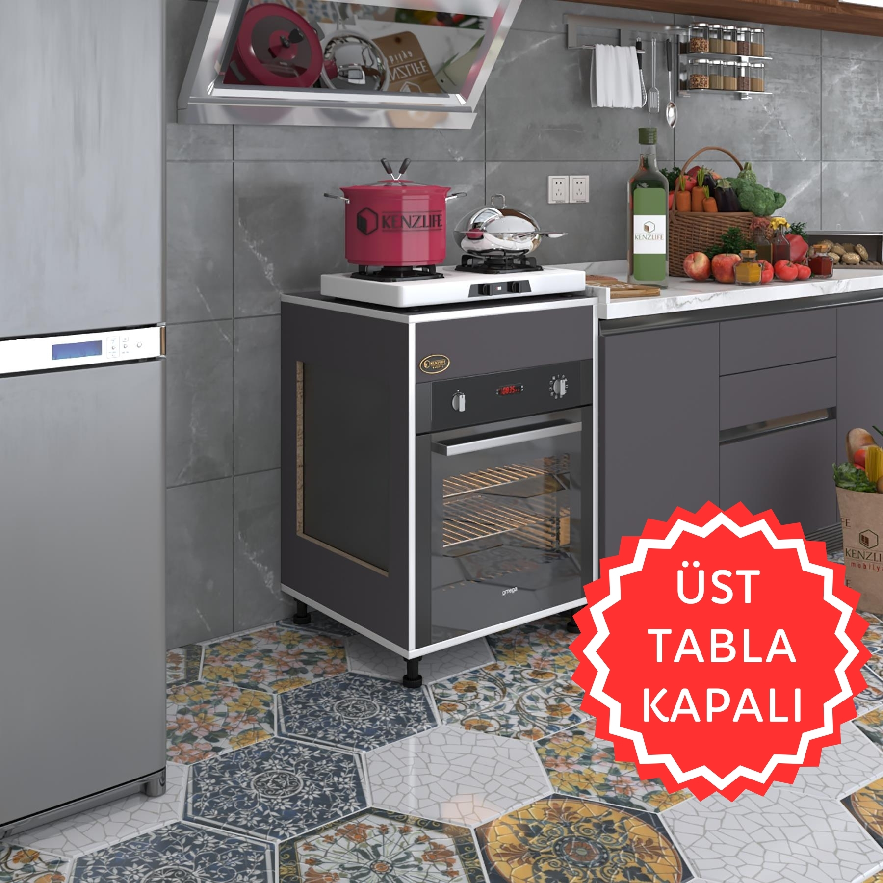 Kenzlife ankastre modülü kabini tilkowski3 gri 85*60*56 fırın ocak dolabı ayarlı ayaklı üstü kapalı 