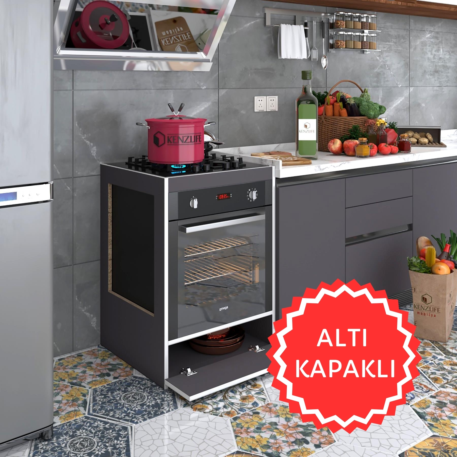 Kenzlife ankastre modülü kabini vanadyum3 gri fırın ocak dolabı kapaklı 