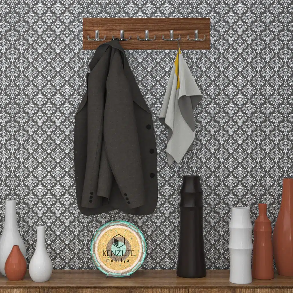 Kenzlife askılık tokadi mat ceviz renk suntalam 5 adet metal krom renk portmanto