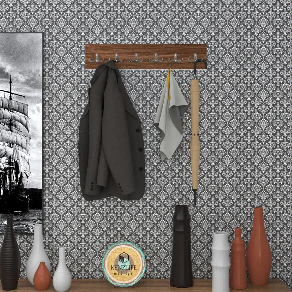 Kenzlife askılık tokadi mat ceviz renk suntalam 6 adet metal krom renk portmanto