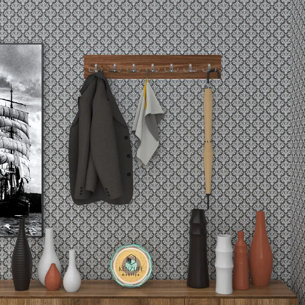 Kenzlife askılık tokadi mat ceviz renk suntalam 7 adet metal krom renk portmanto