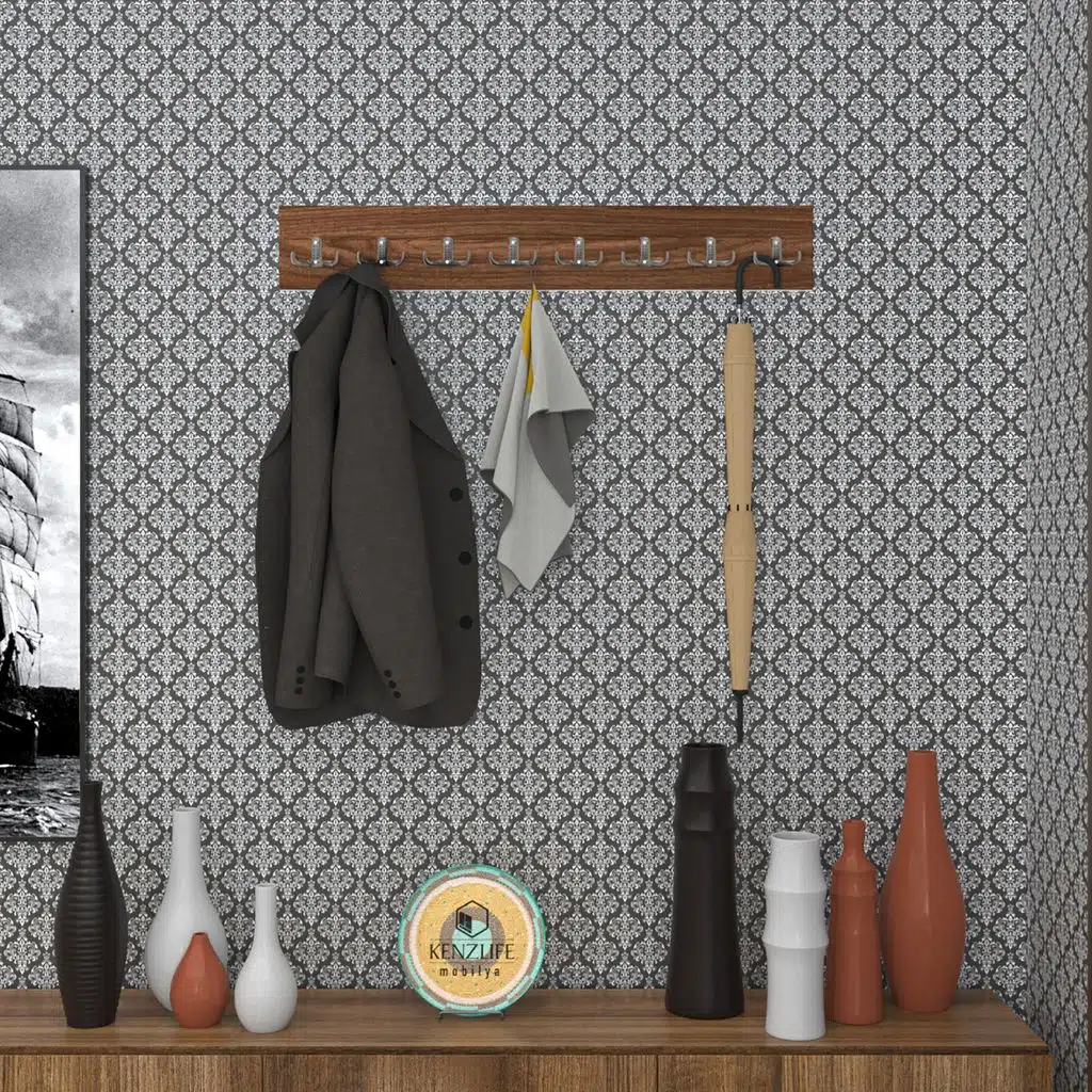 Kenzlife askılık tokadi mat ceviz renk suntalam 8 adet metal krom renk portmanto