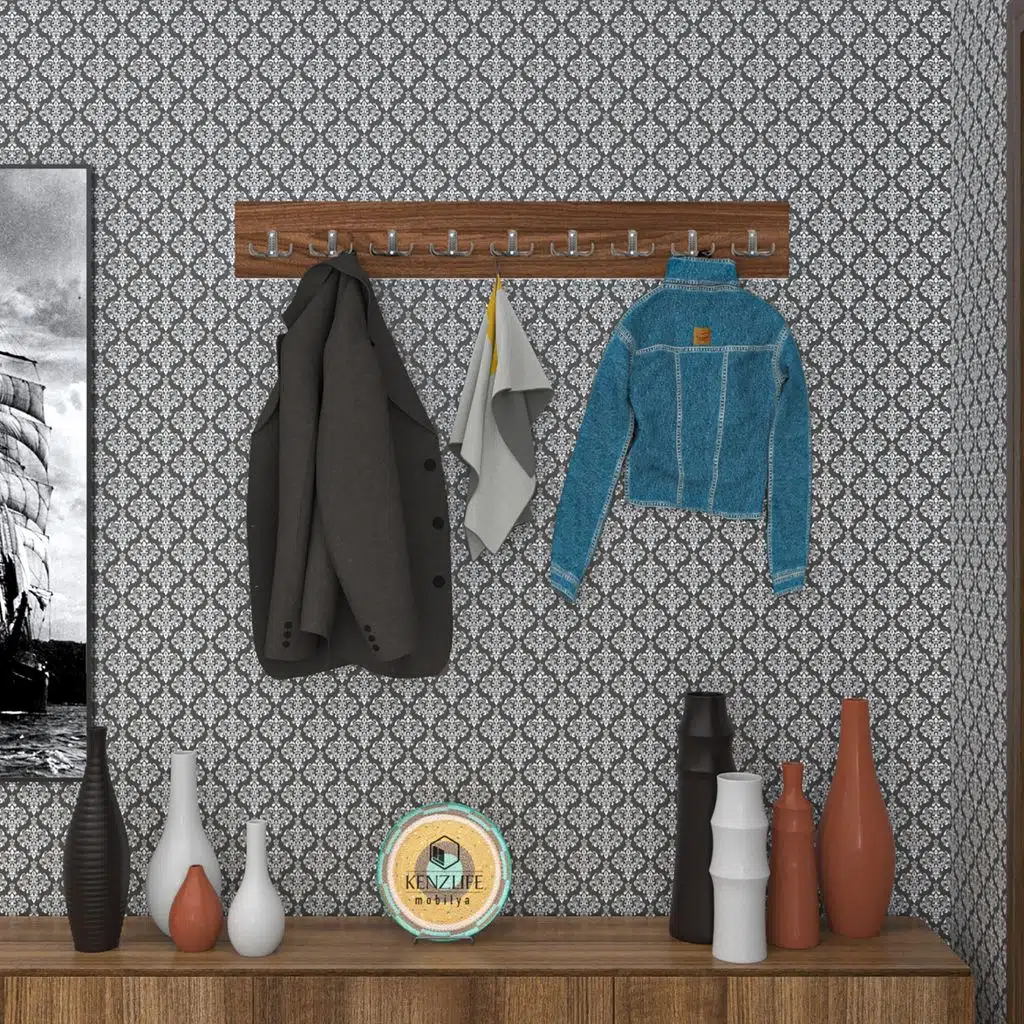 Kenzlife askılık tokadi mat ceviz renk suntalam 9 adet metal krom renk portmanto