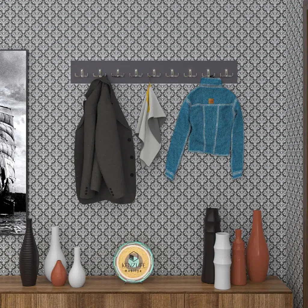 Kenzlife askılık tokadi mat gri renk suntalam 9 adet metal krom renk portmanto