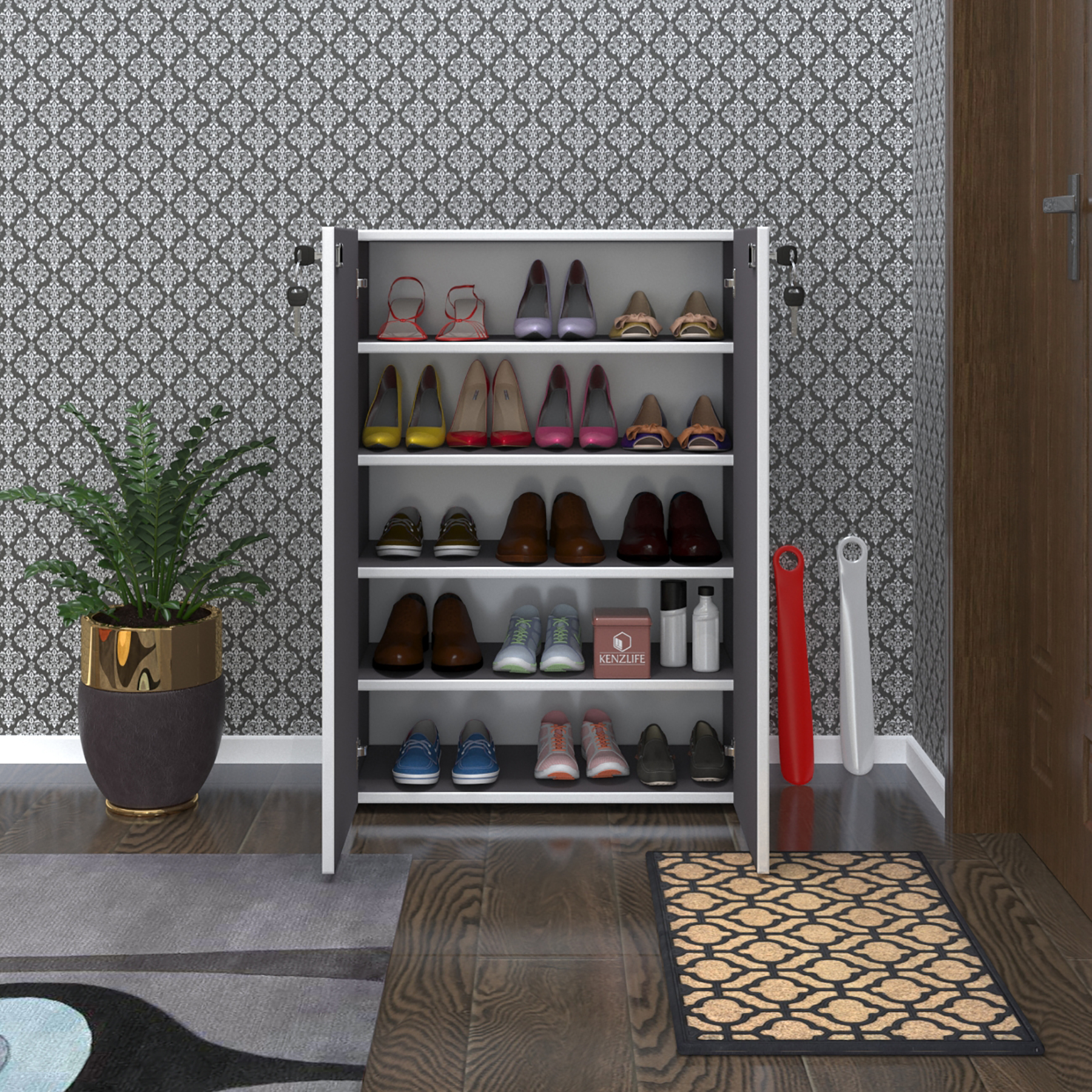 Kenzlife ayakkabılık ayakkabı dolabı kilitli be real gri 100*70*32 kapaklı arkalıklı ofis dolabı