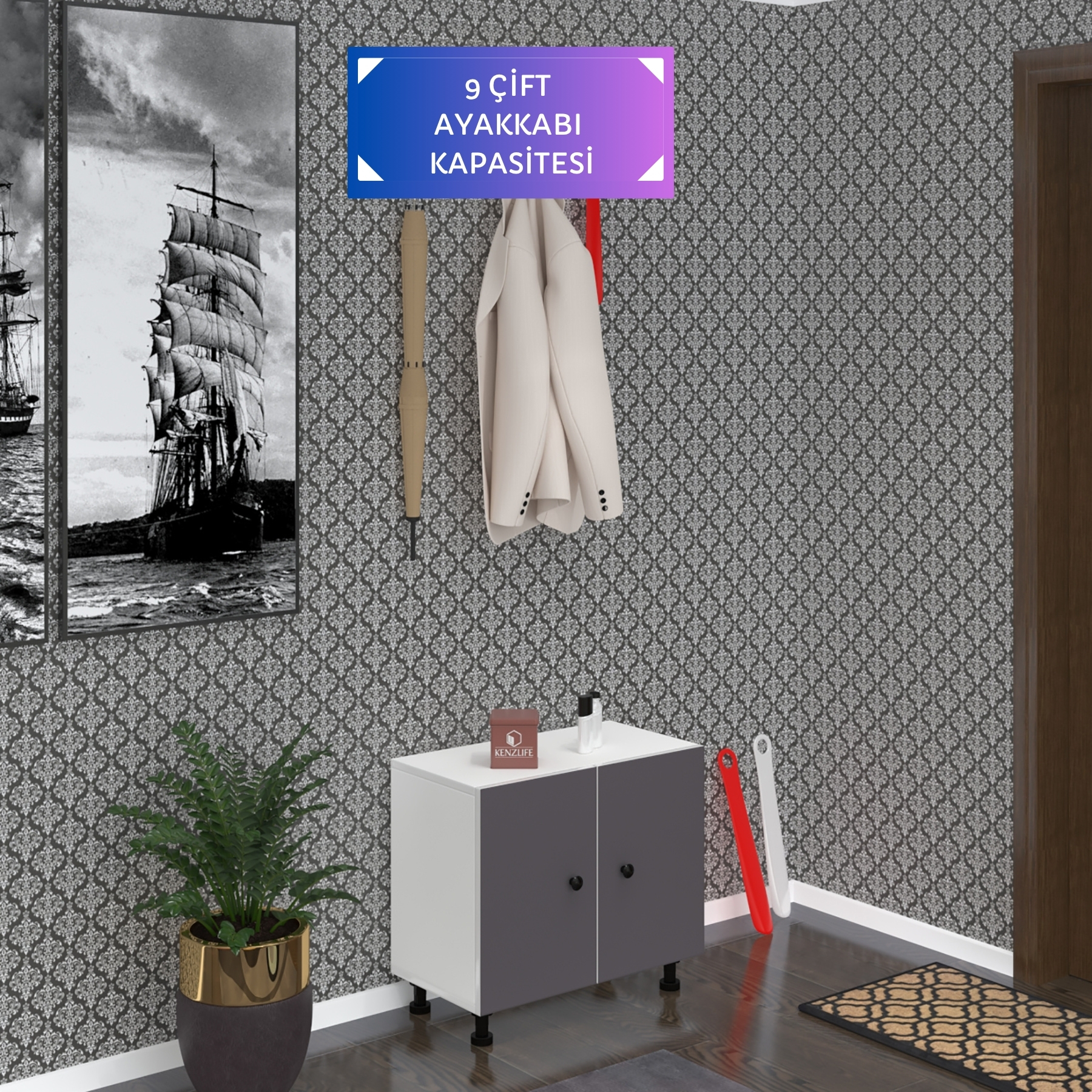 Kenzlife ayakkabılık cimcime3 gribyz 53*060*32 kapaklı 3 raflı 9 çift ayakkabı kapasitesi