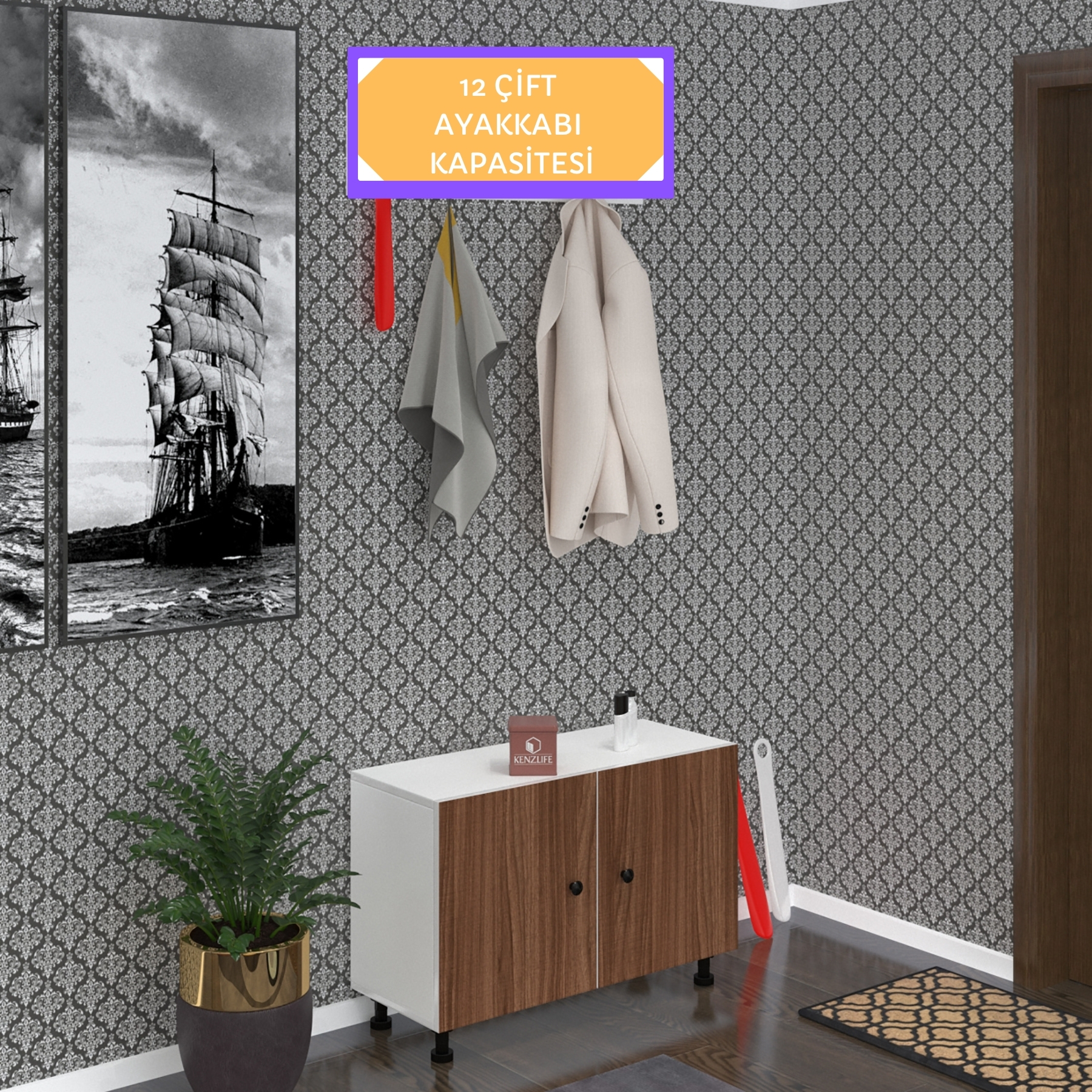 Kenzlife ayakkabılık galoş3 cvzbyz 53*080*32 kapaklı 3 raflı 12 çift ayakkabı kapasitesi