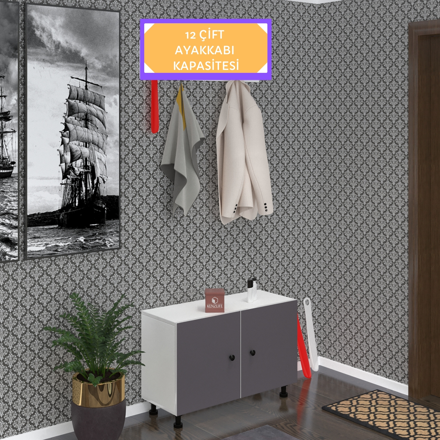 Kenzlife ayakkabılık galoş3 gribyz 53*080*32 kapaklı 3 raflı 12 çift ayakkabı kapasitesi