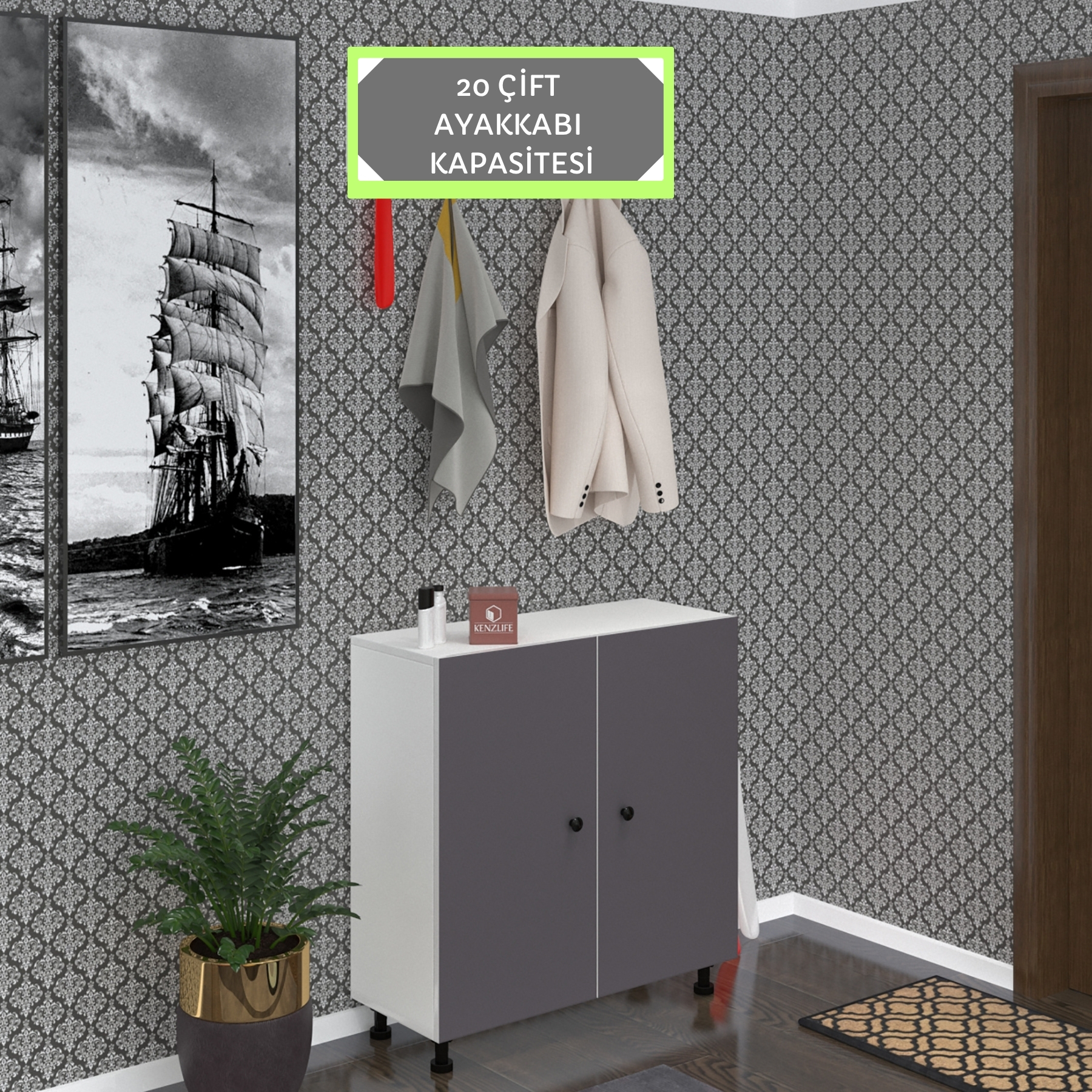 Kenzlife ayakkabılık galoş5 gribyz 53*080*32 kapaklı 5 raflı 20 çift ayakkabı kapasitesi
