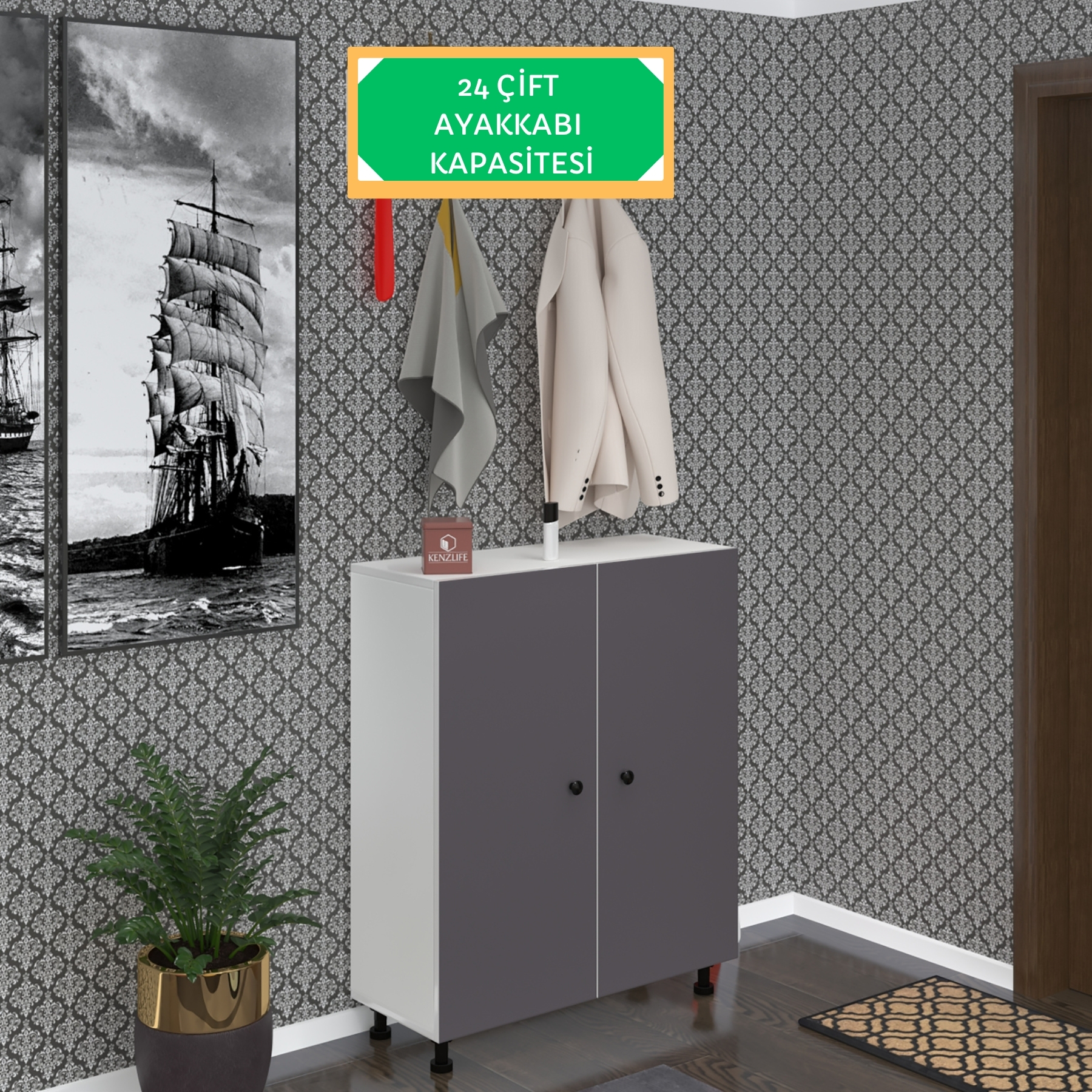 Kenzlife ayakkabılık galoş6 gribyz 53*080*32 kapaklı 6 raflı 24 çift ayakkabı kapasitesi