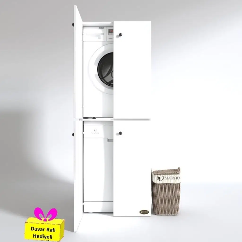 Kenzlife çamaşır-bulaşık makinesi dolabı kapaklı roksana byz 180*70*60 banyo çift katlı arkalıksız + tekli duvar rafı hediyeli