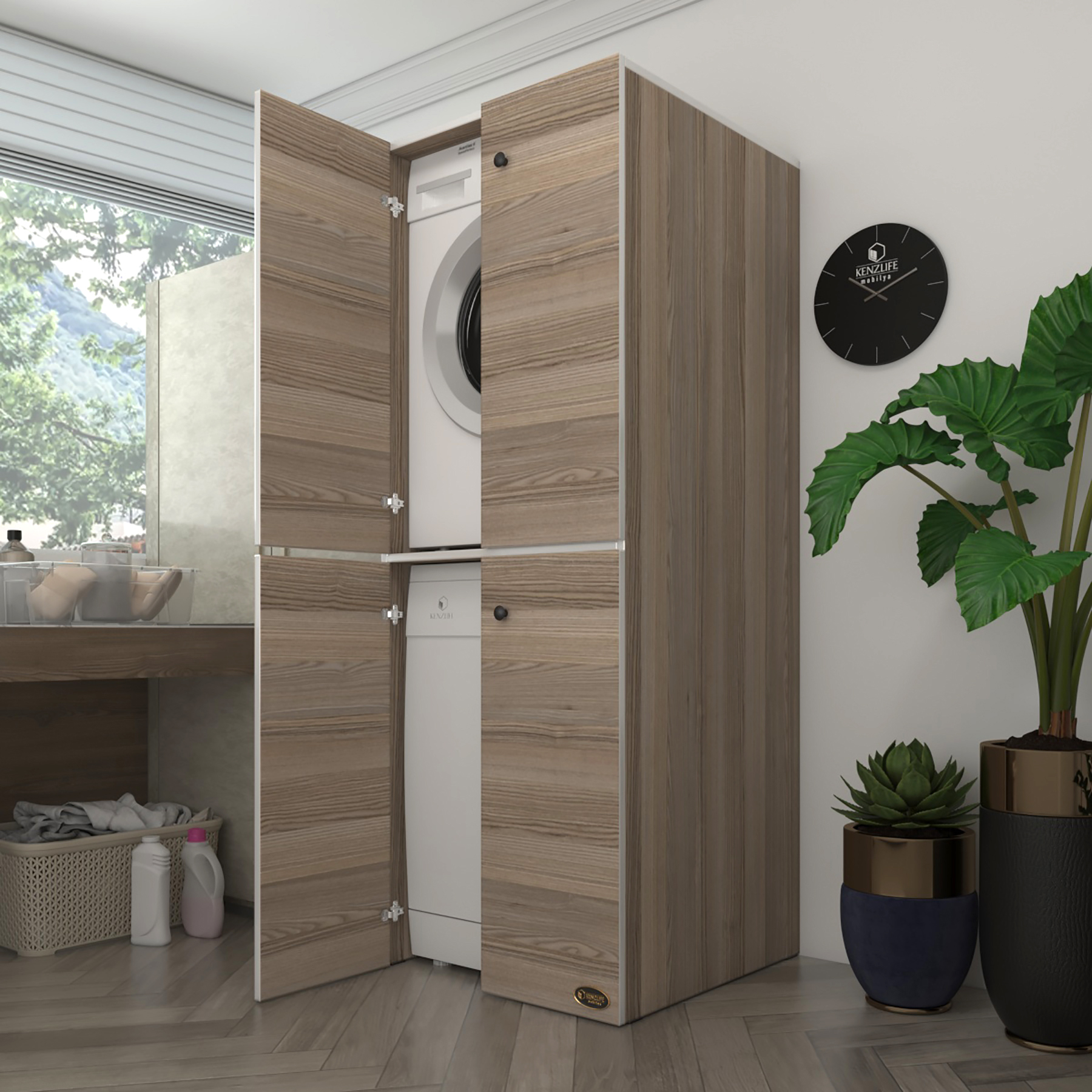 Kenzlife çamaşır-bulaşık makinesi dolabı kapaklı roksana crd 180*70*60 banyo çift katlı arkalıksız