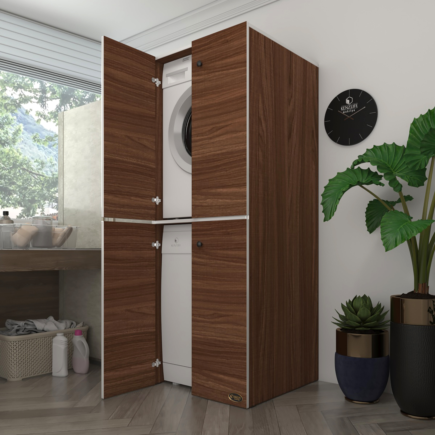 Kenzlife çamaşır-bulaşık makinesi dolabı kapaklı roksana cvz 180*70*60 banyo çift katlı arkalıksız