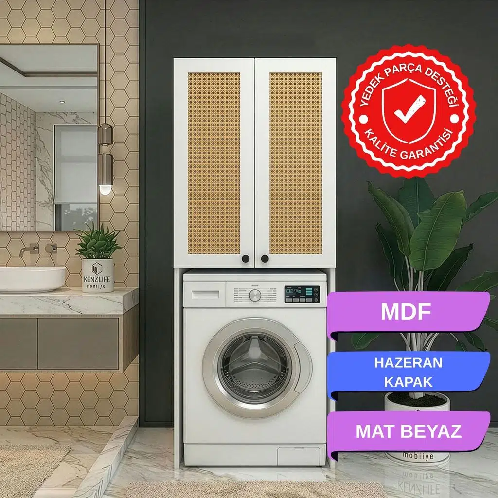 Kenzlife çamaşır-kurutma-bulaşık makinesi dolabı mahidevran mat beyaz 180*70*60 hazeran kare MDF gövde