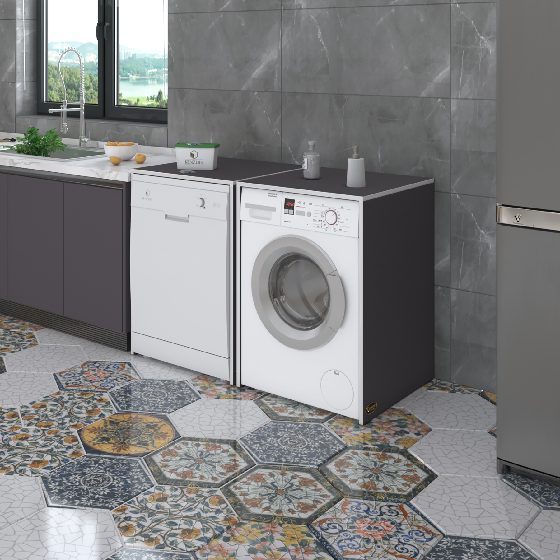 Kenzlife çamaşır&kurutma&bulaşık makinesi dolabı naumkare gri 90*140*60 kapaksız arkalıksız