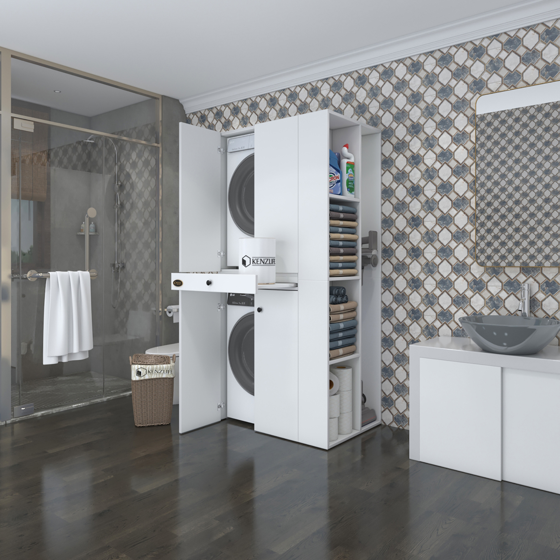 Kenzlife çamaşır-kurutma makinesi dolabı ahi evranmdf sağ byz 187*090*60 çekmeceli % 100 FULL MDF
