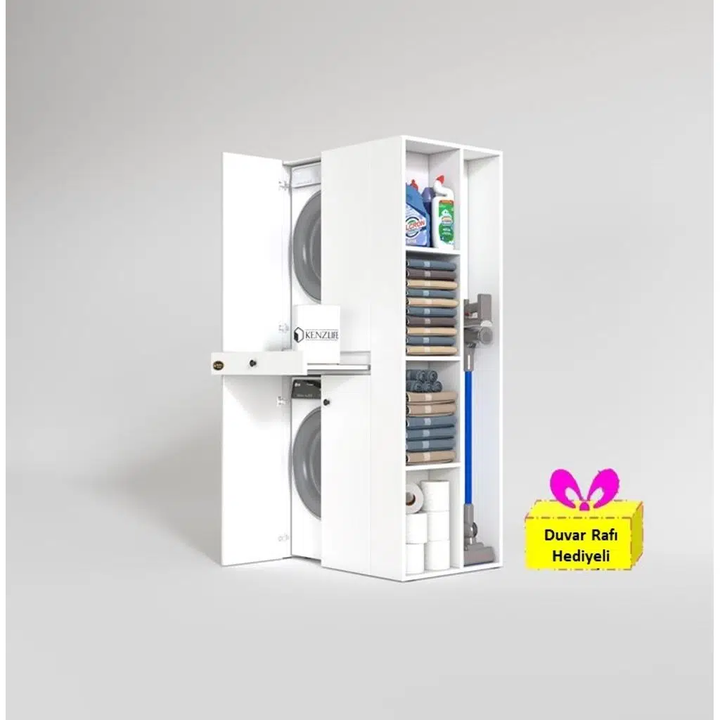 Kenzlife çamaşır-kurutma makinesi dolabı ahi evran sağ byz 187*090*60 çekmeceli + tekli duvar rafı hediye