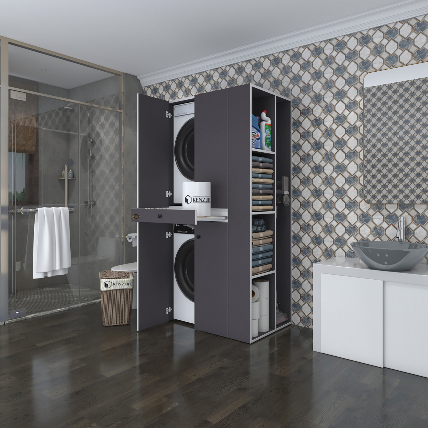 Kenzlife çamaşır-kurutma makinesi dolabı ahi evran sağ gri 187*090*60 çekmeceli banyo
