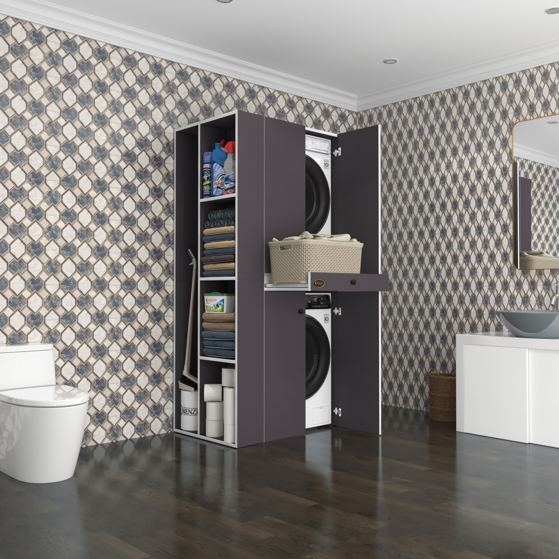 Kenzlife çamaşır-kurutma makinesi dolabı ahi evran sol gri 187*090*60 çekmeceli banyo