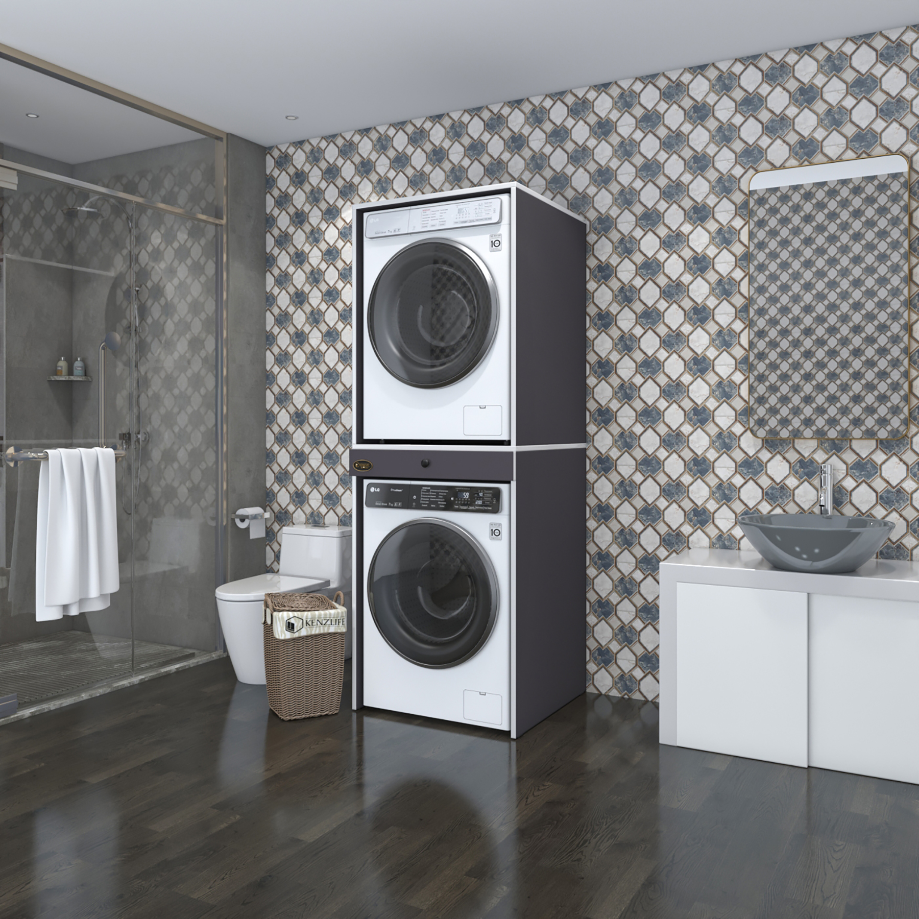 Kenzlife çamaşır-kurutma makinesi dolabı avi senna gri 187*070*60 çekmeceli banyo