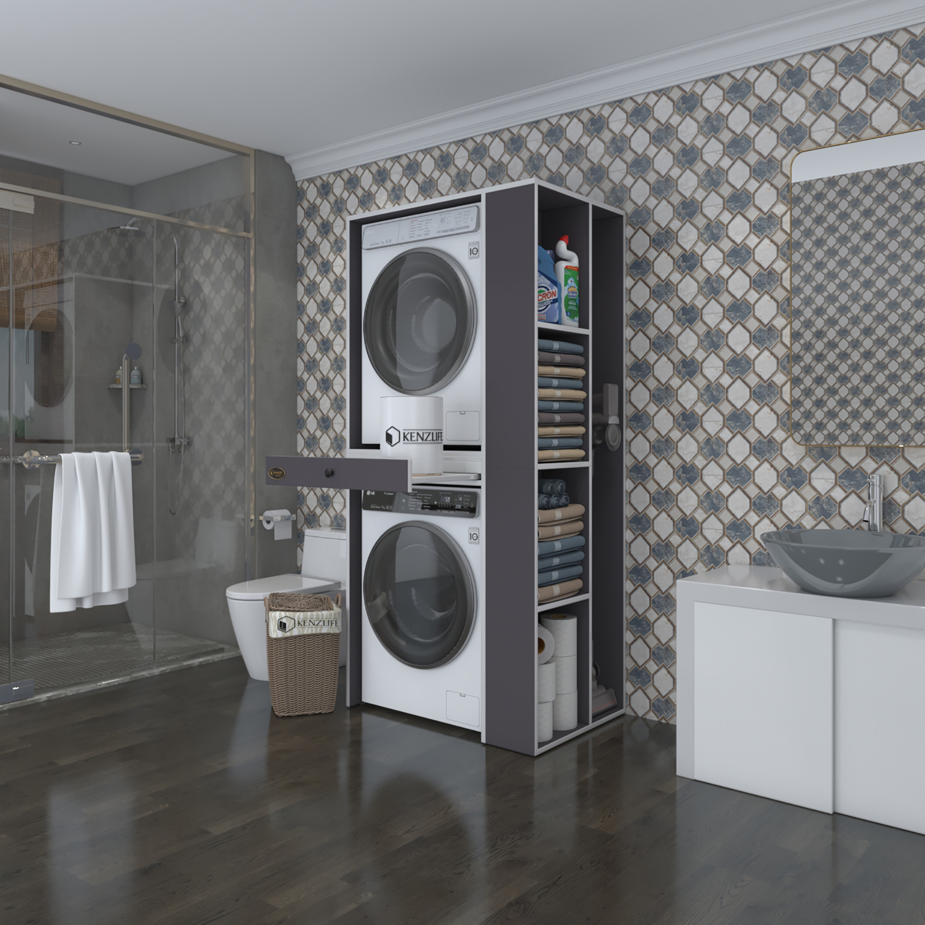Kenzlife çamaşır-kurutma makinesi dolabı bacce sağ gri 187*090*60 çekmeceli banyo