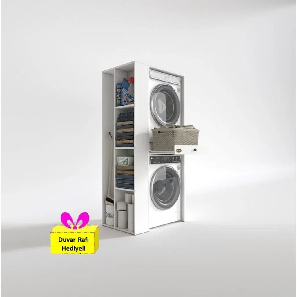 Kenzlife çamaşır-kurutma makinesi dolabı bacce sol byz 187*090*60 çekmeceli + tekli duvar rafı hediye