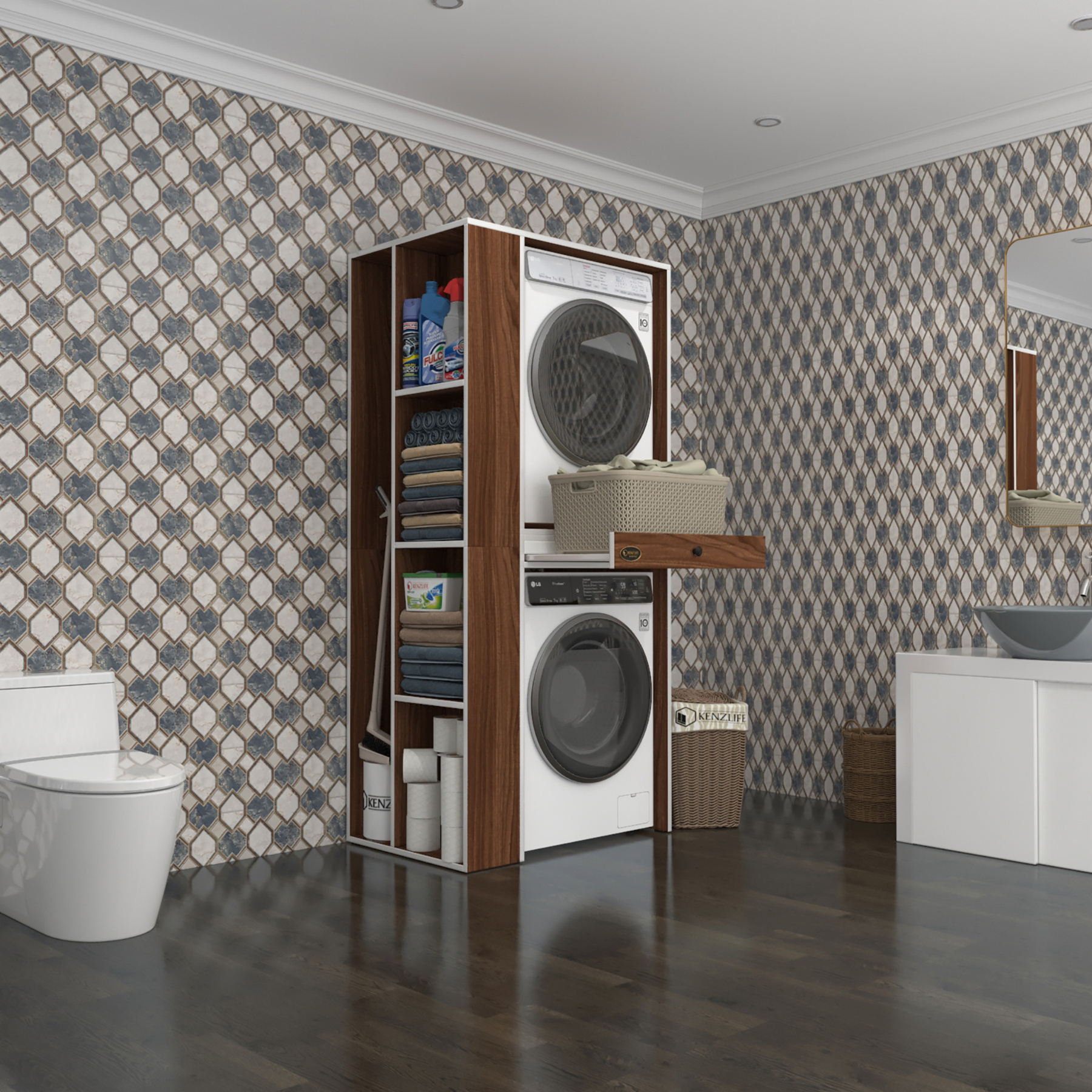 Kenzlife çamaşır-kurutma makinesi dolabı bacce sol cvz 187*090*60 çekmeceli banyo
