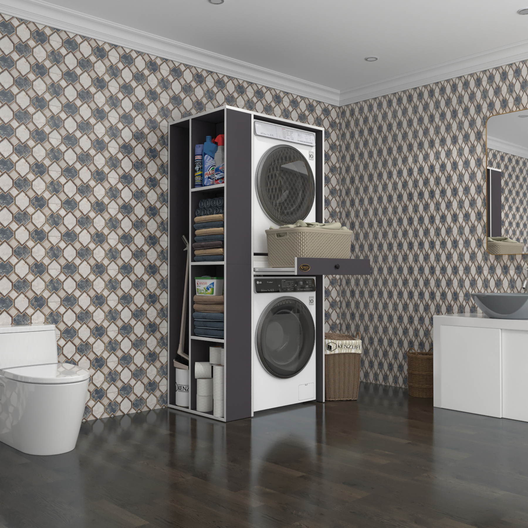 Kenzlife çamaşır-kurutma makinesi dolabı bacce sol gri 187*090*60 çekmeceli banyo