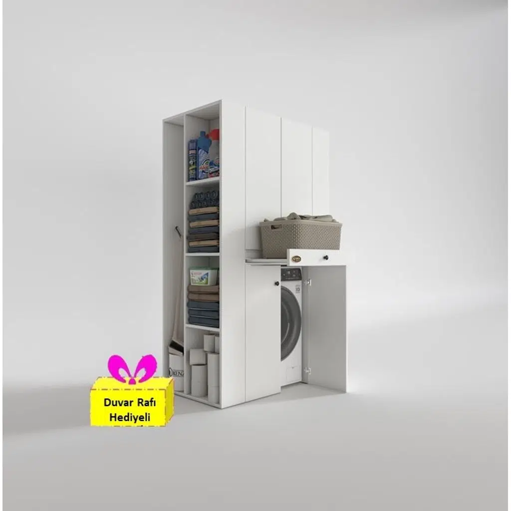Kenzlife çamaşır-kurutma makinesi dolabı biruni byz 187*110*60 çekmeceli raflı + tekli duvar rafı hediye