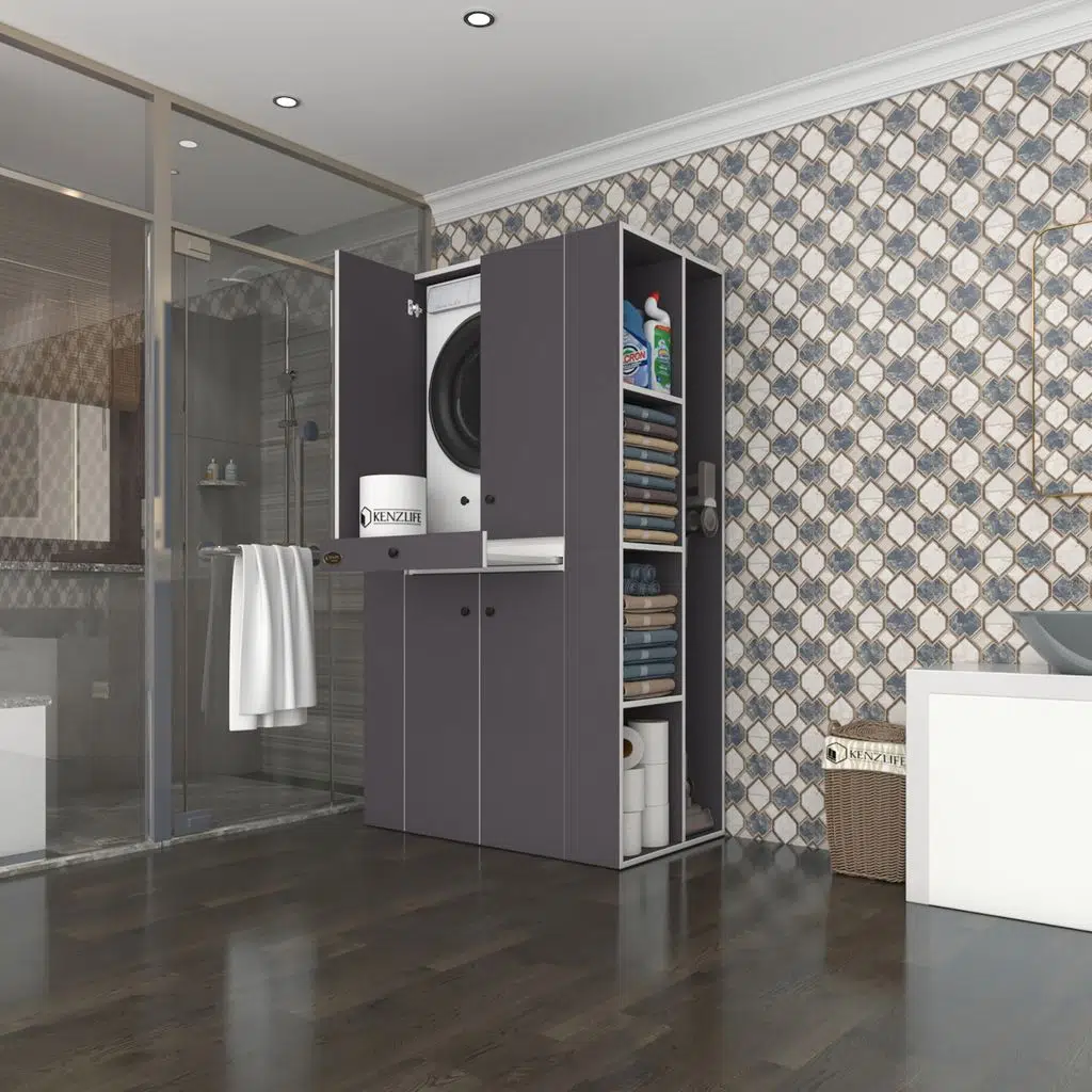 Kenzlife çamaşır-kurutma makinesi dolabı biruni gri 187*110*60 çekmeceli raflı banyo