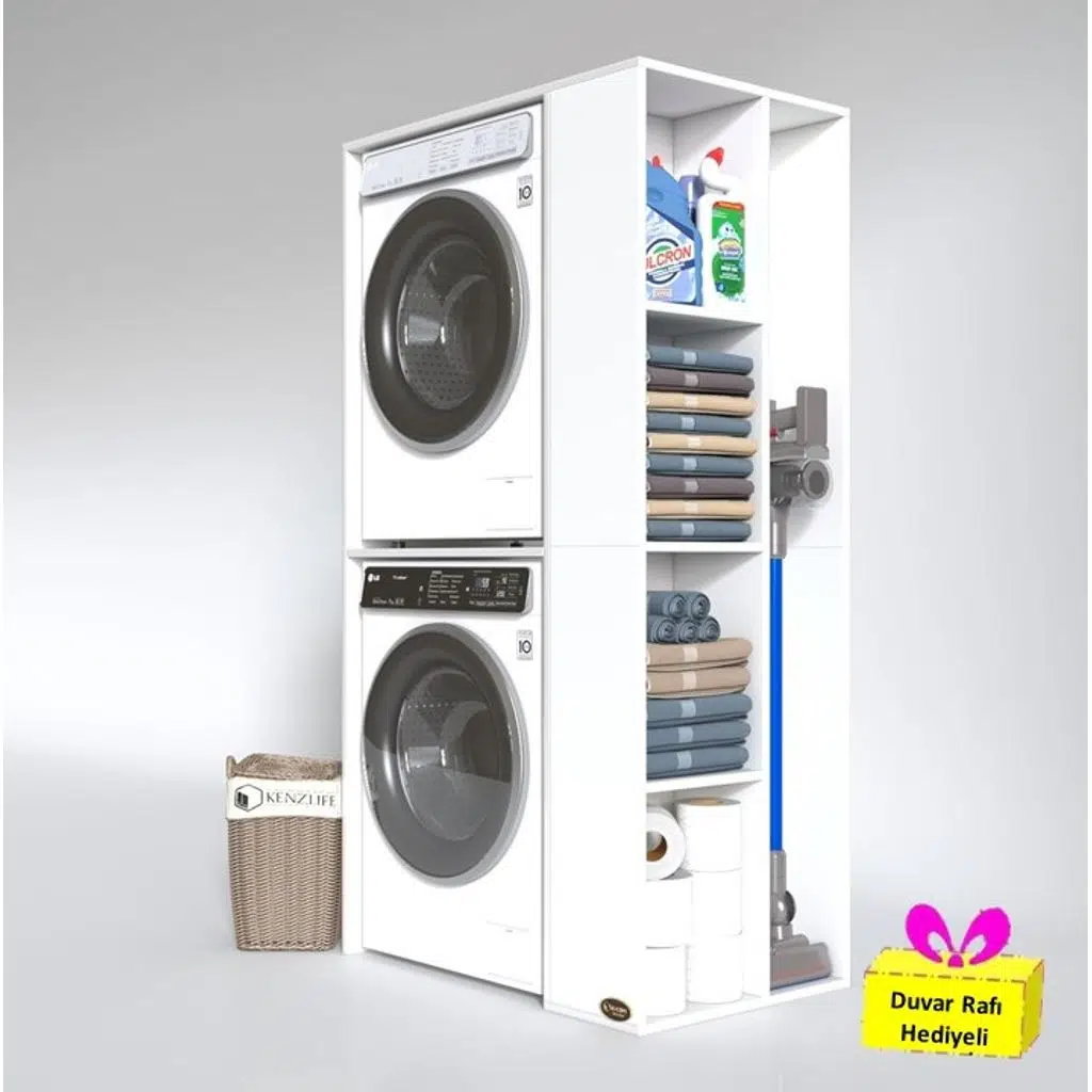 Kenzlife çamaşır-kurutma makinesi dolabı demyan byz 180*090*60 banyo arkalıksız + tekli duvar rafı hediyeli