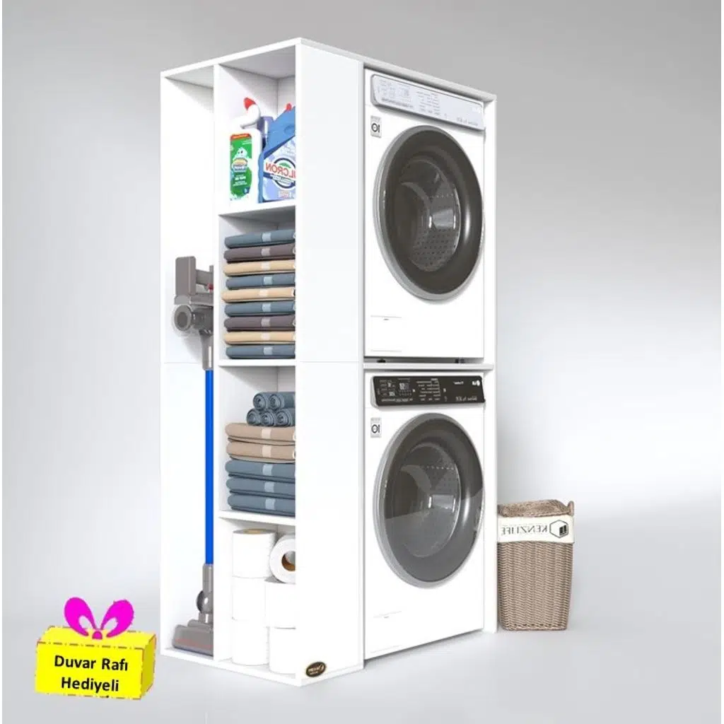 Kenzlife çamaşır-kurutma makinesi dolabı demyan sol byz 180*090*60 banyo arkalıksız + tekli duvar rafı hediyeli