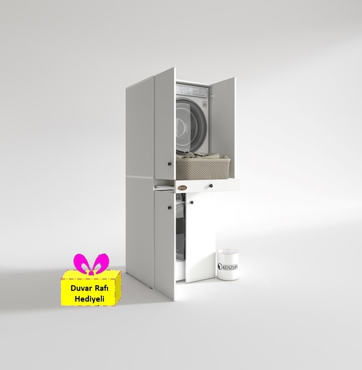 Kenzlife çamaşır-kurutma makinesi dolabı el kindi byz 187*070*60 çekmeceli kapaklı + tekli duvar rafı hediye