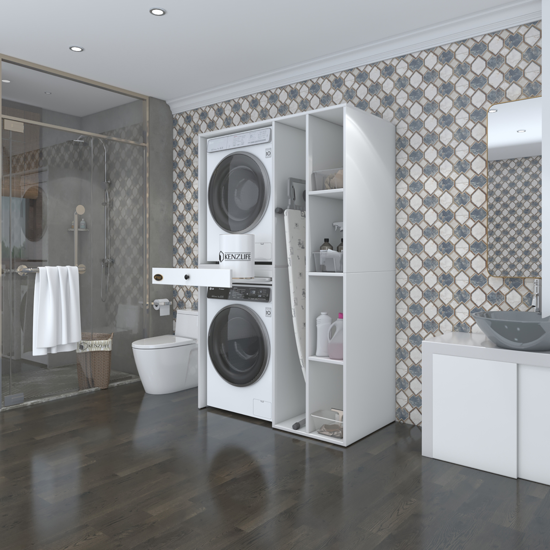 Kenzlife çamaşır-kurutma makinesi dolabı gutas sağ byz 187*120*60 çekmeceli banyo