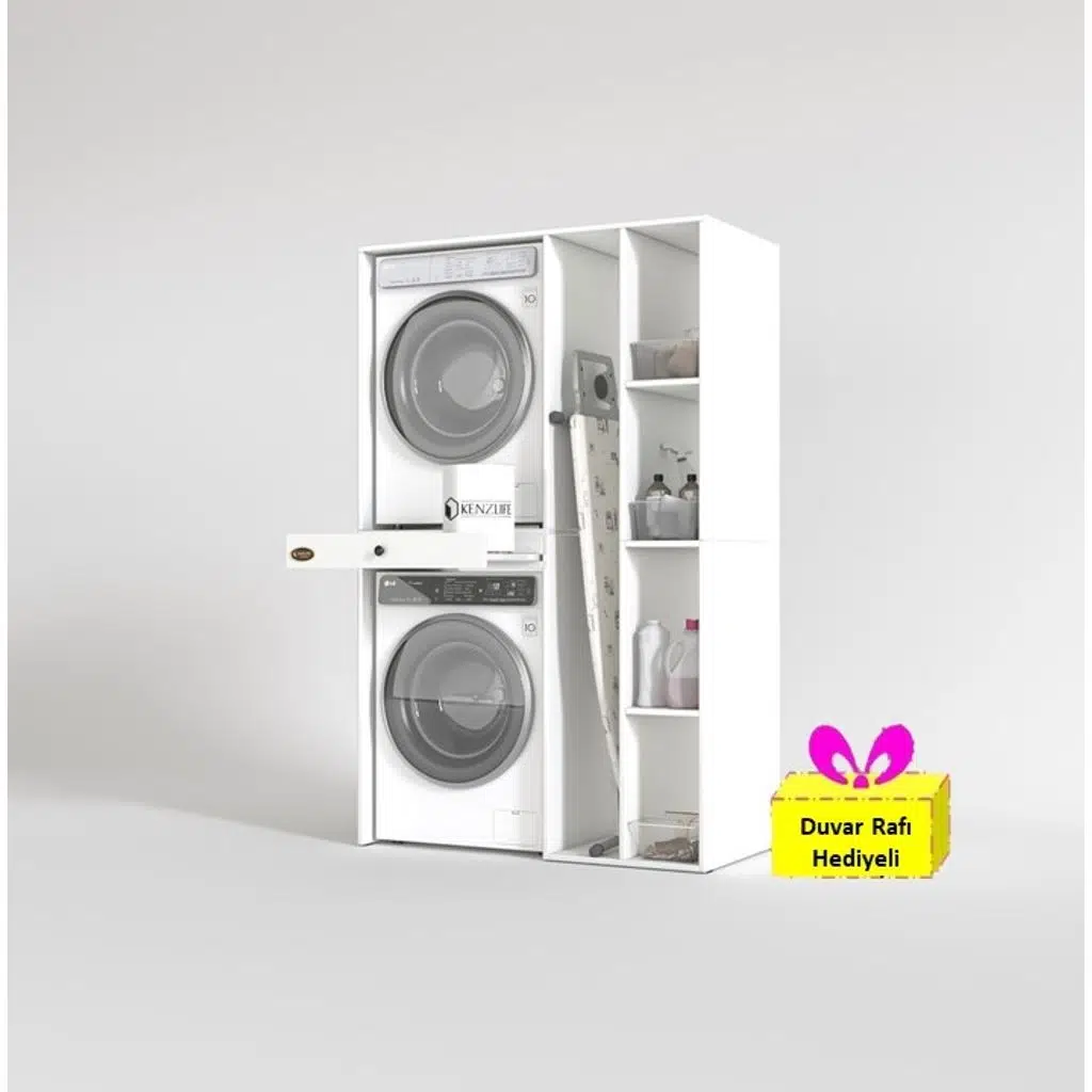 Kenzlife çamaşır-kurutma makinesi dolabı gutas sağ byz 187*120*60 çekmeceli + tekli duvar rafı hediye