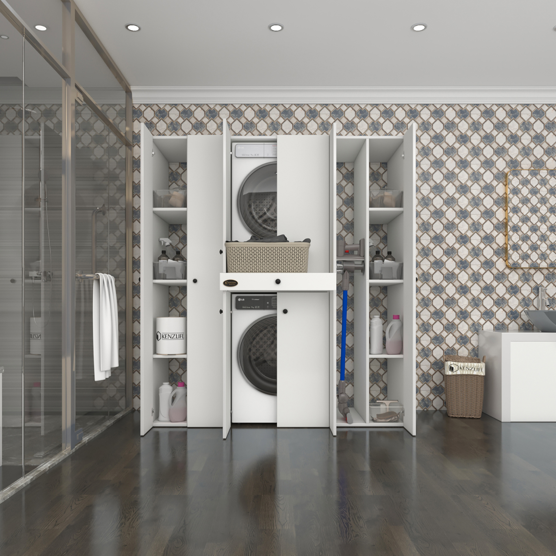 Kenzlife çamaşır-kurutma makinesi dolabı nazzam byz 187*170*60 çekmeceli raflı banyo